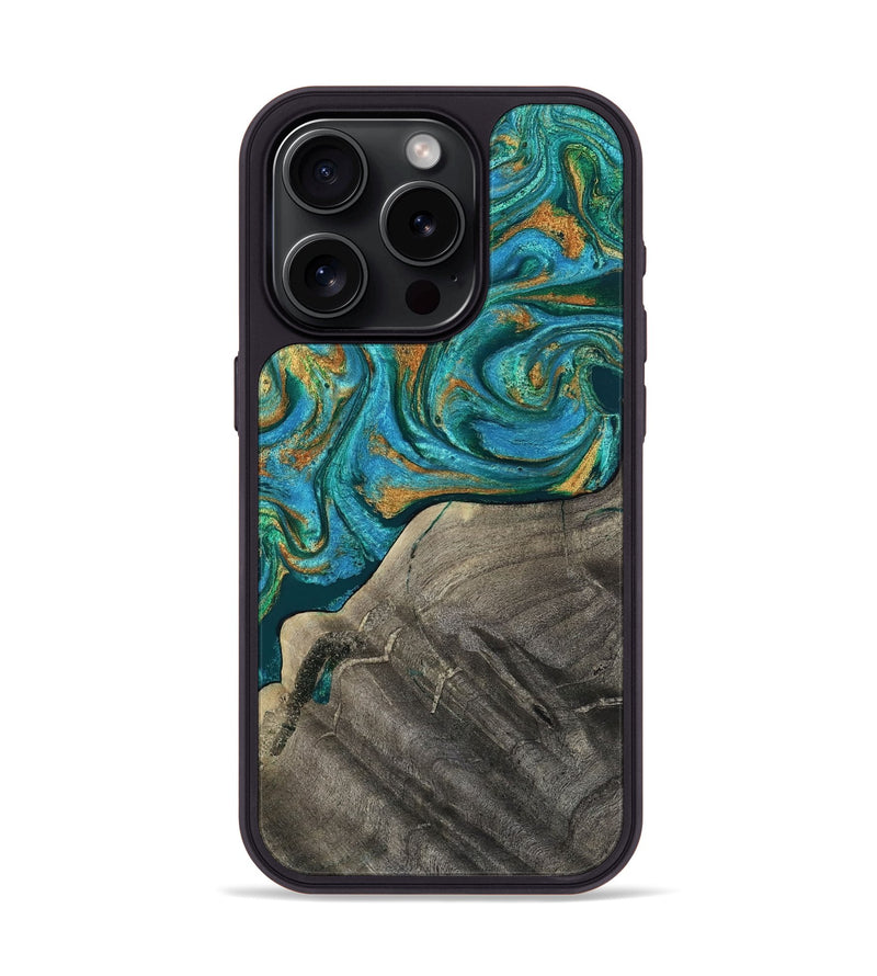 iPhone 15 Pro Wood Phone Case - Ocie (Teal & Gold, 819177)