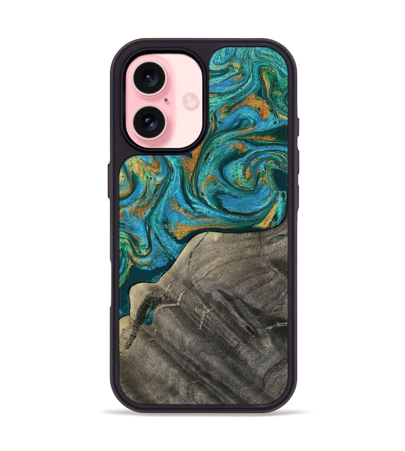iPhone 16 Wood Phone Case - Ocie (Teal & Gold, 819177)