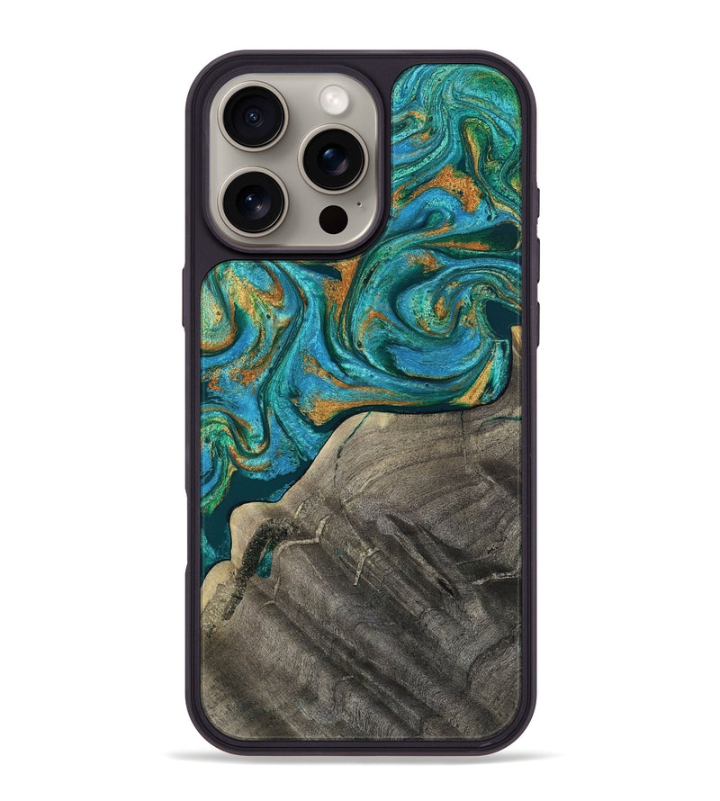 iPhone 16 Pro Max Wood Phone Case - Ocie (Teal & Gold, 819177)