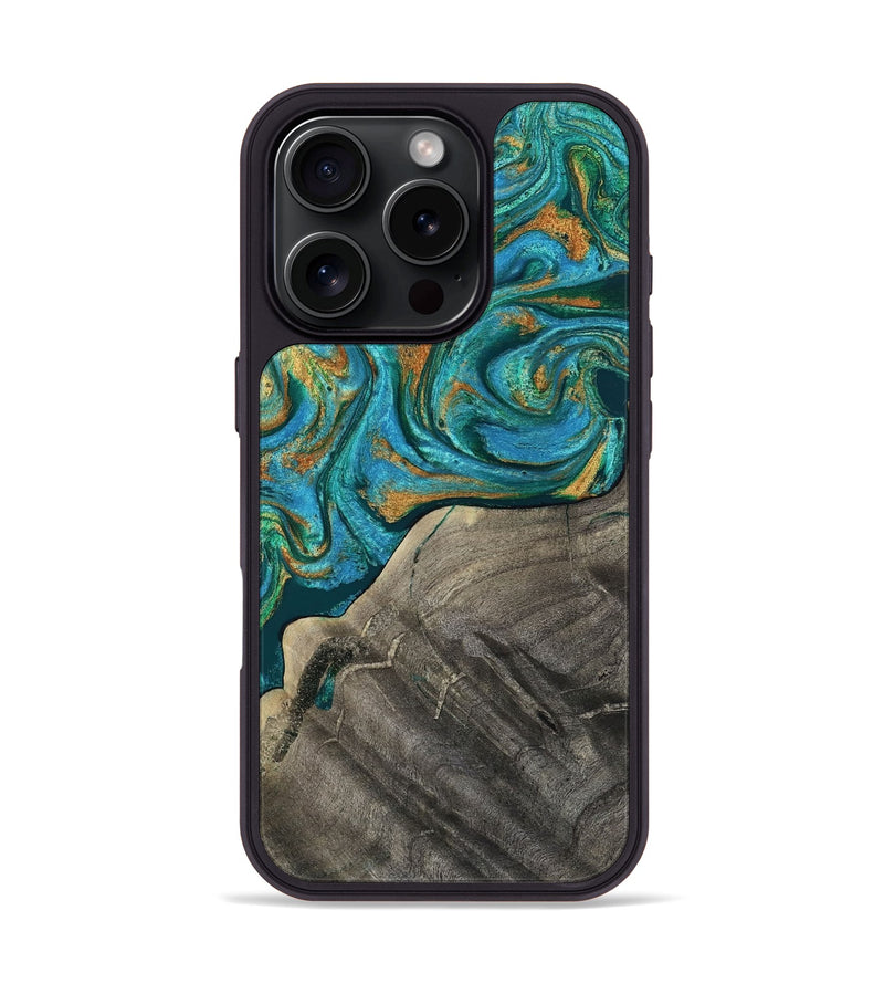 iPhone 16 Pro Wood Phone Case - Ocie (Teal & Gold, 819177)