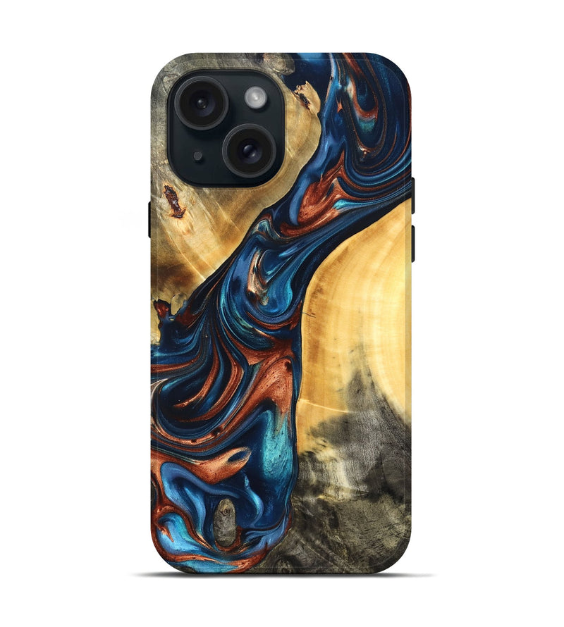 iPhone 15 Wood Live Edge Phone Case - Vinnie (Teal & Gold, 819221)
