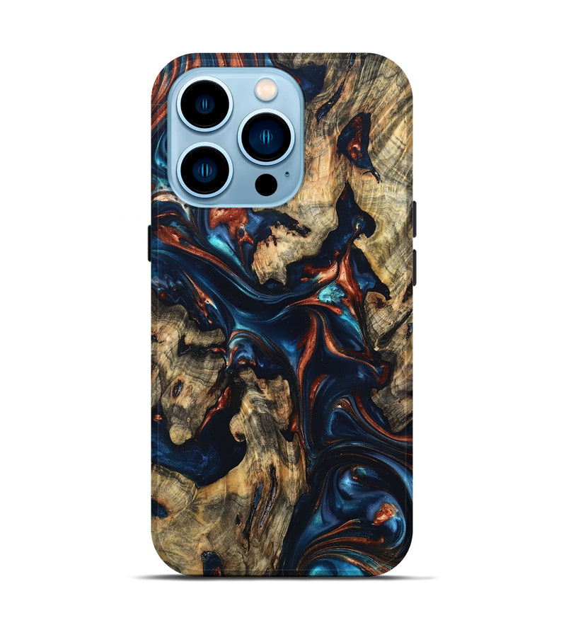 iPhone 14 Pro Wood Live Edge Phone Case - Rowland (Teal & Gold, 819229)