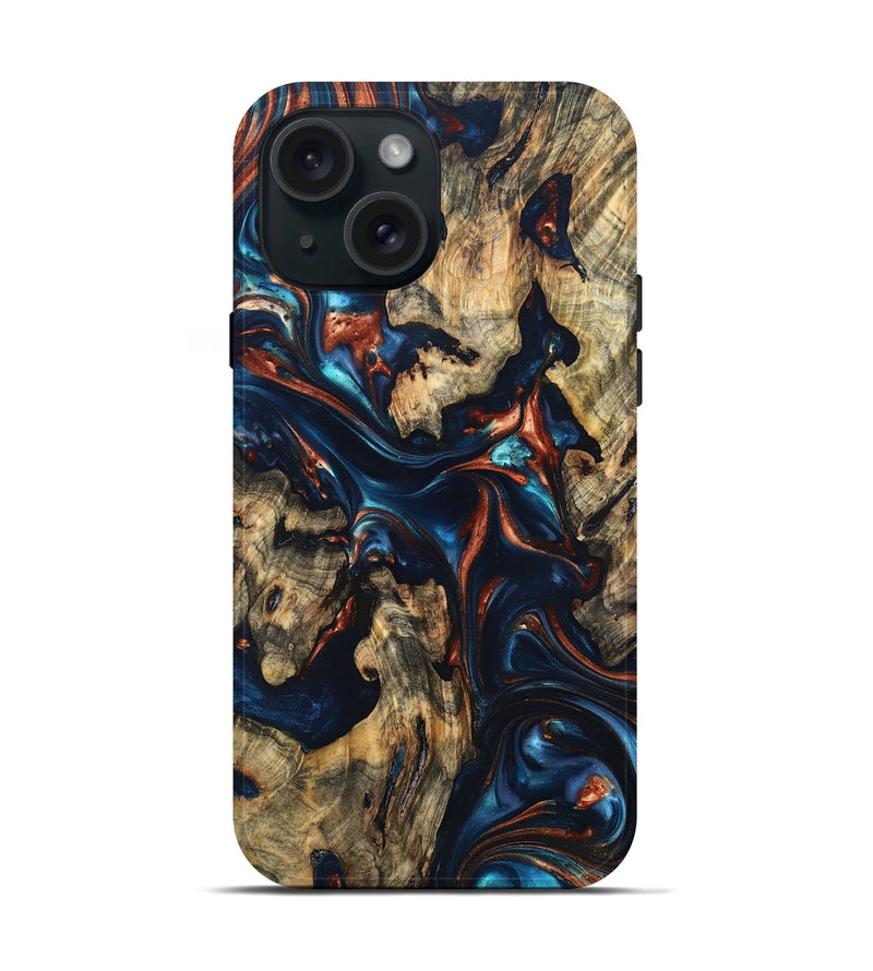 iPhone 15 Wood Live Edge Phone Case - Rowland (Teal & Gold, 819229)