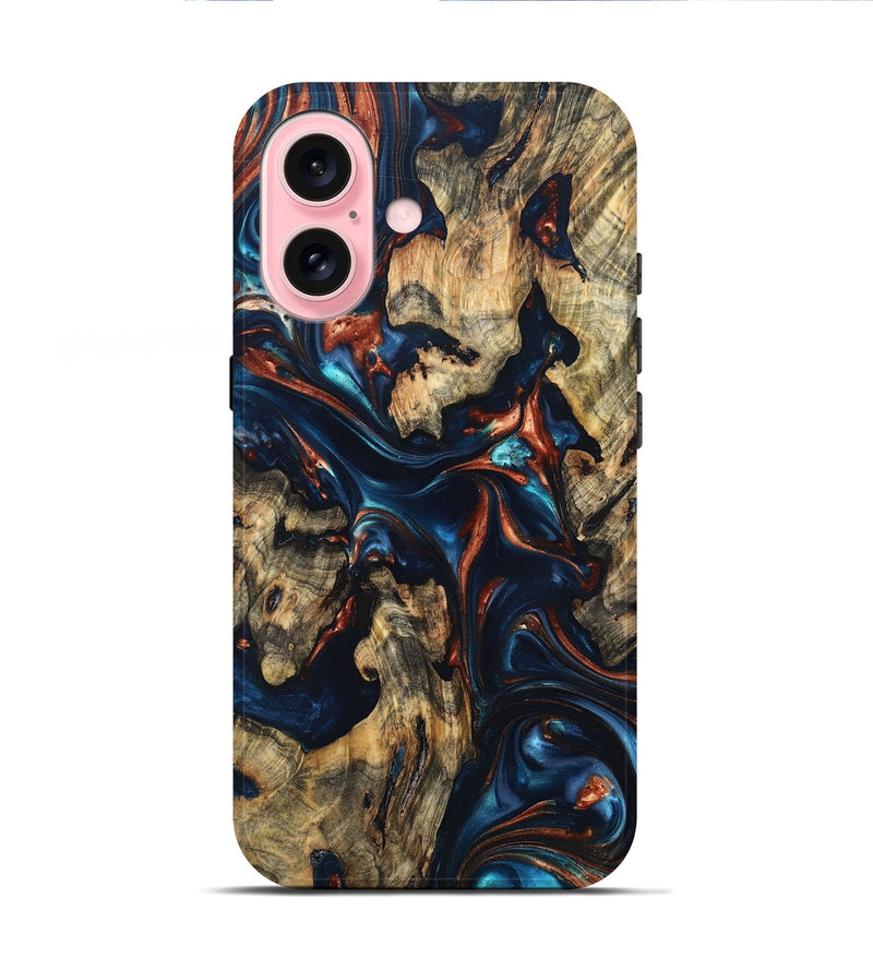 iPhone 16 Wood Live Edge Phone Case - Rowland (Teal & Gold, 819229)