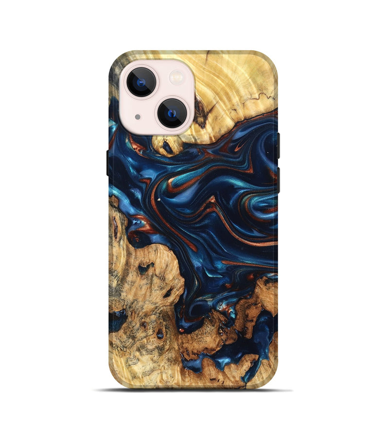 iPhone 13 mini Wood Live Edge Phone Case - Mila (Teal & Gold, 819233)