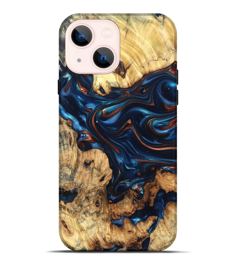 iPhone 14 Plus Wood Live Edge Phone Case - Mila (Teal & Gold, 819233)