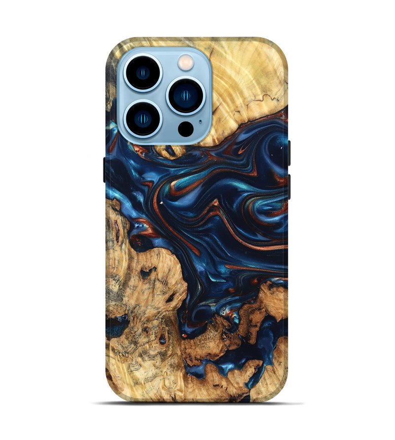 iPhone 14 Pro Wood Live Edge Phone Case - Mila (Teal & Gold, 819233)