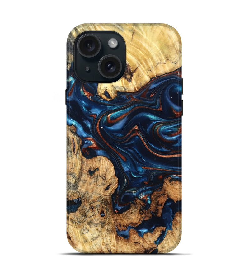 iPhone 15 Wood Live Edge Phone Case - Mila (Teal & Gold, 819233)