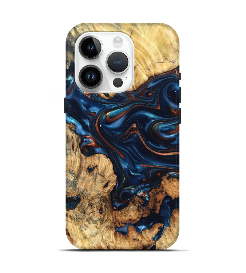 iPhone 15 Pro Wood Live Edge Phone Case - Mila (Teal & Gold, 819233)