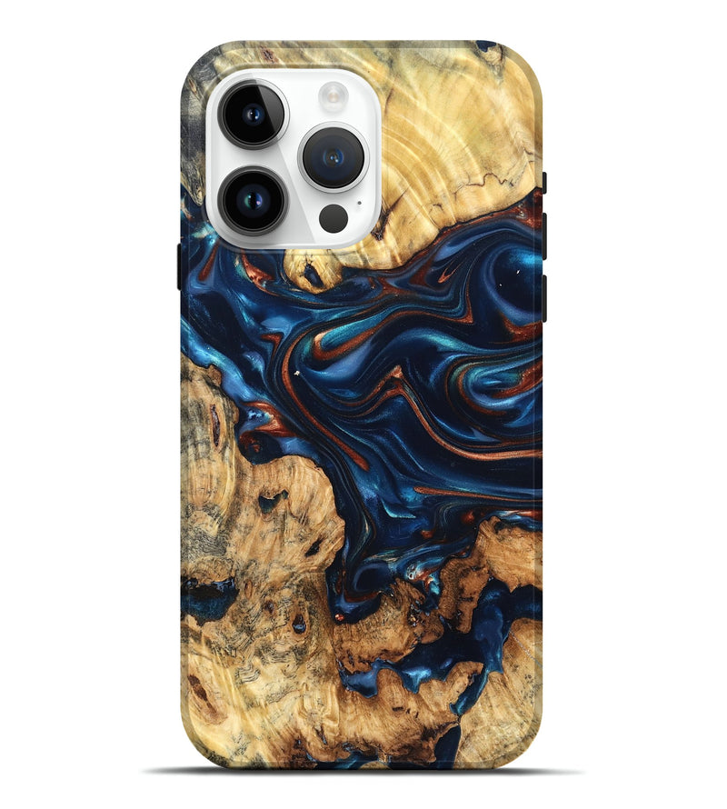 iPhone 15 Pro Max Wood Live Edge Phone Case - Mila (Teal & Gold, 819233)