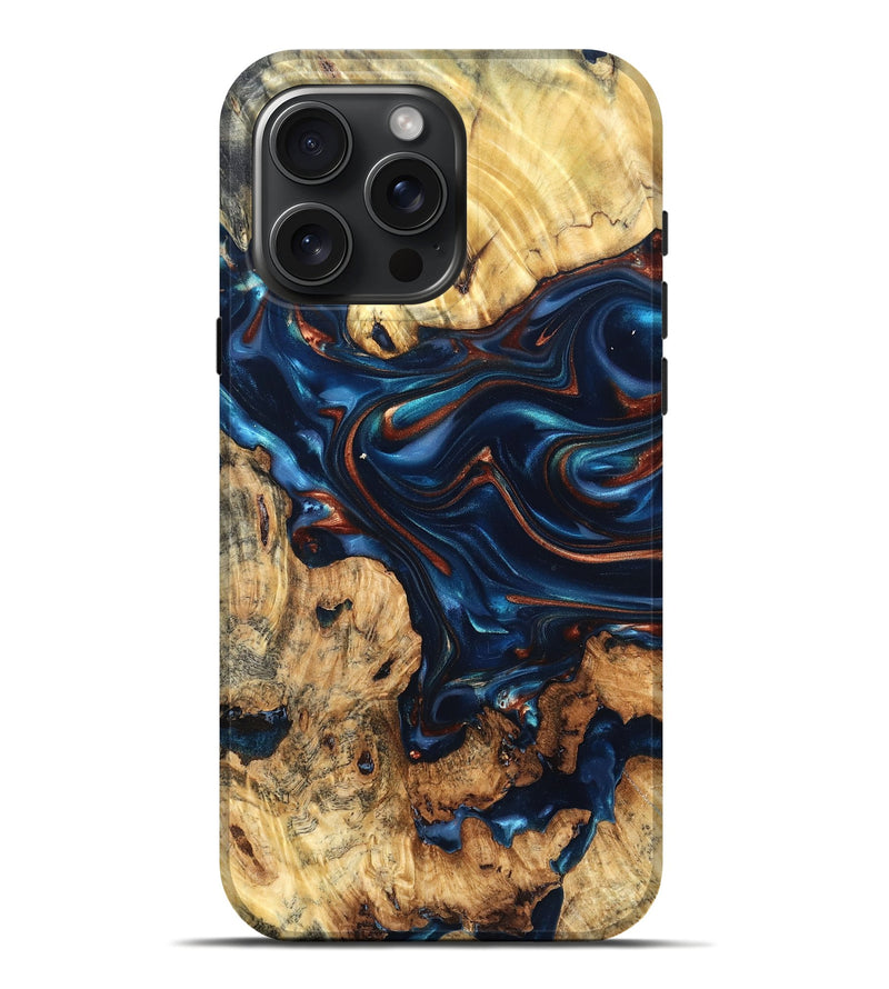 iPhone 16 Pro Max Wood Live Edge Phone Case - Mila (Teal & Gold, 819233)