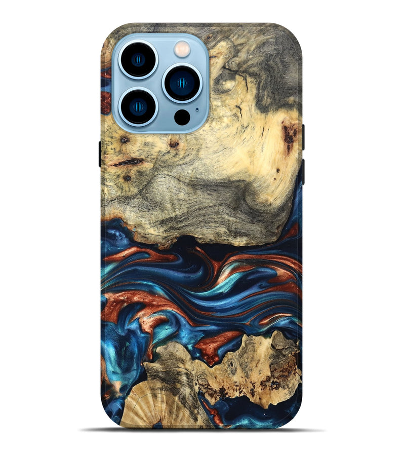iPhone 14 Pro Max Wood Live Edge Phone Case - Monty (Teal & Gold, 819234)