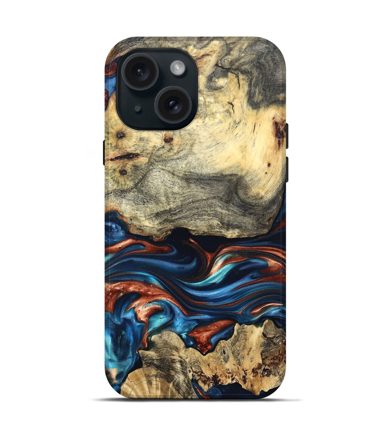 iPhone 15 Wood Live Edge Phone Case - Monty (Teal & Gold, 819234)