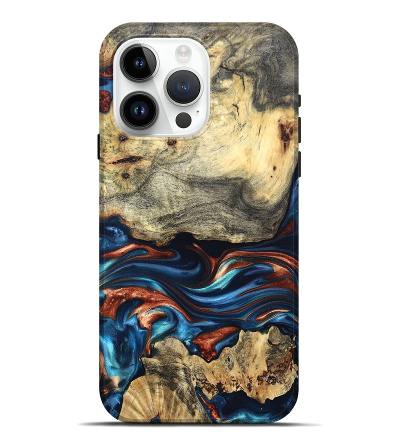 iPhone 15 Pro Max Wood Live Edge Phone Case - Monty (Teal & Gold, 819234)