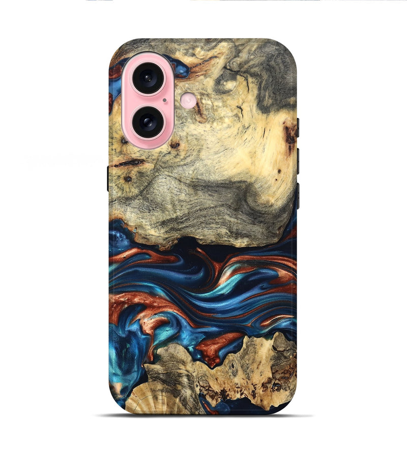 iPhone 16 Wood Live Edge Phone Case - Monty (Teal & Gold, 819234)
