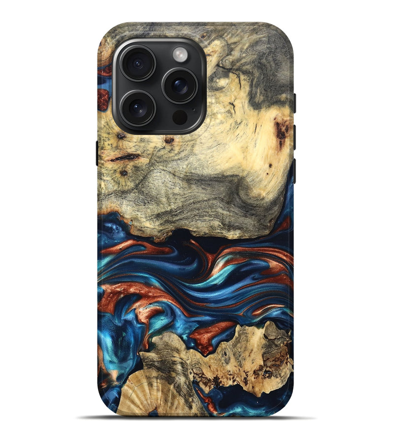 iPhone 16 Pro Max Wood Live Edge Phone Case - Monty (Teal & Gold, 819234)