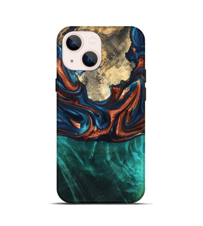 iPhone 13 mini Wood Live Edge Phone Case - Marissa (Teal & Gold, 819239)