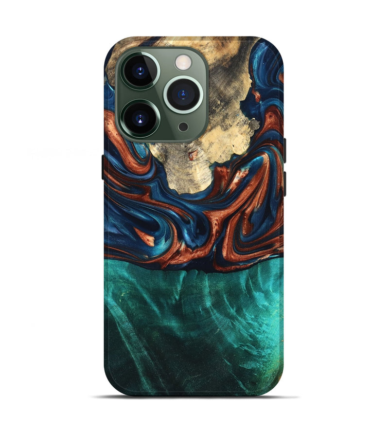 iPhone 13 Pro Wood Live Edge Phone Case - Marissa (Teal & Gold, 819239)
