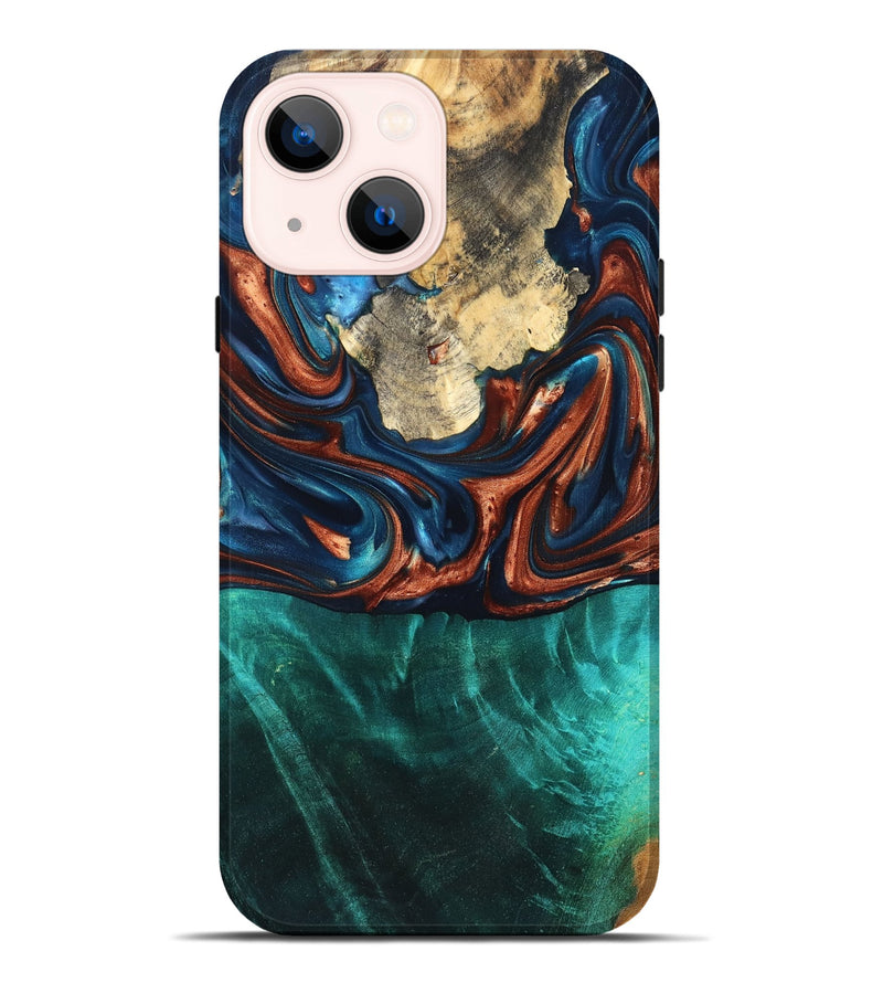 iPhone 14 Plus Wood Live Edge Phone Case - Marissa (Teal & Gold, 819239)