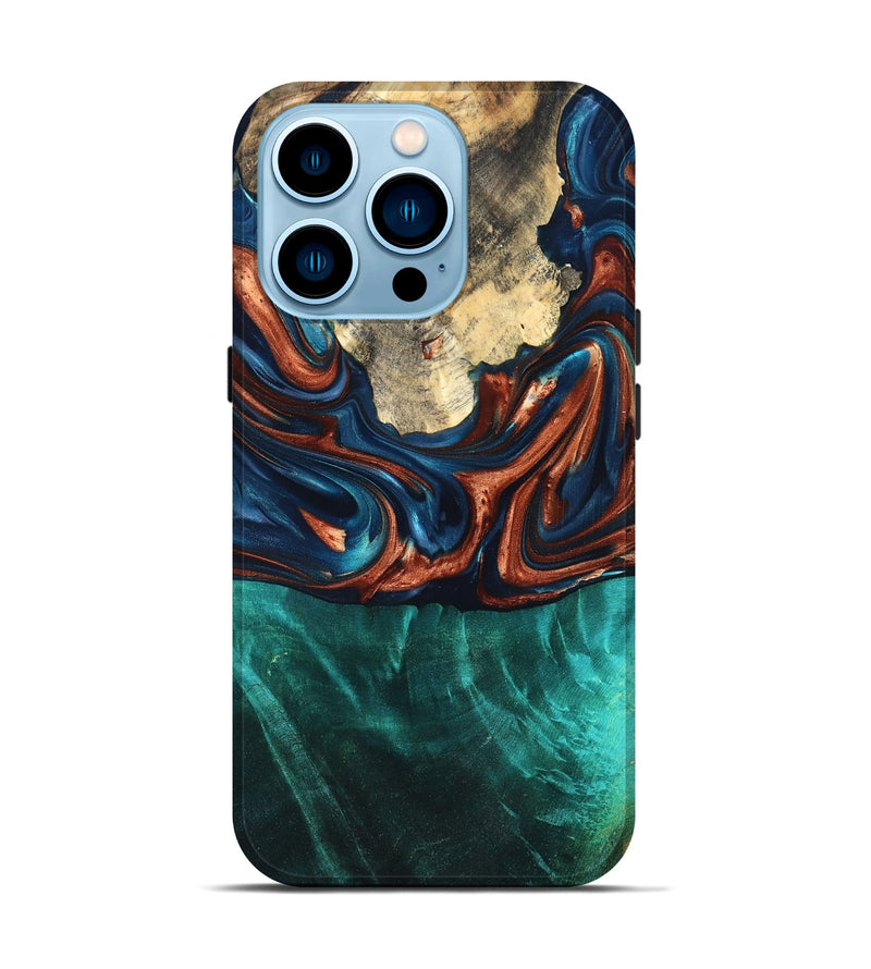 iPhone 14 Pro Wood Live Edge Phone Case - Marissa (Teal & Gold, 819239)