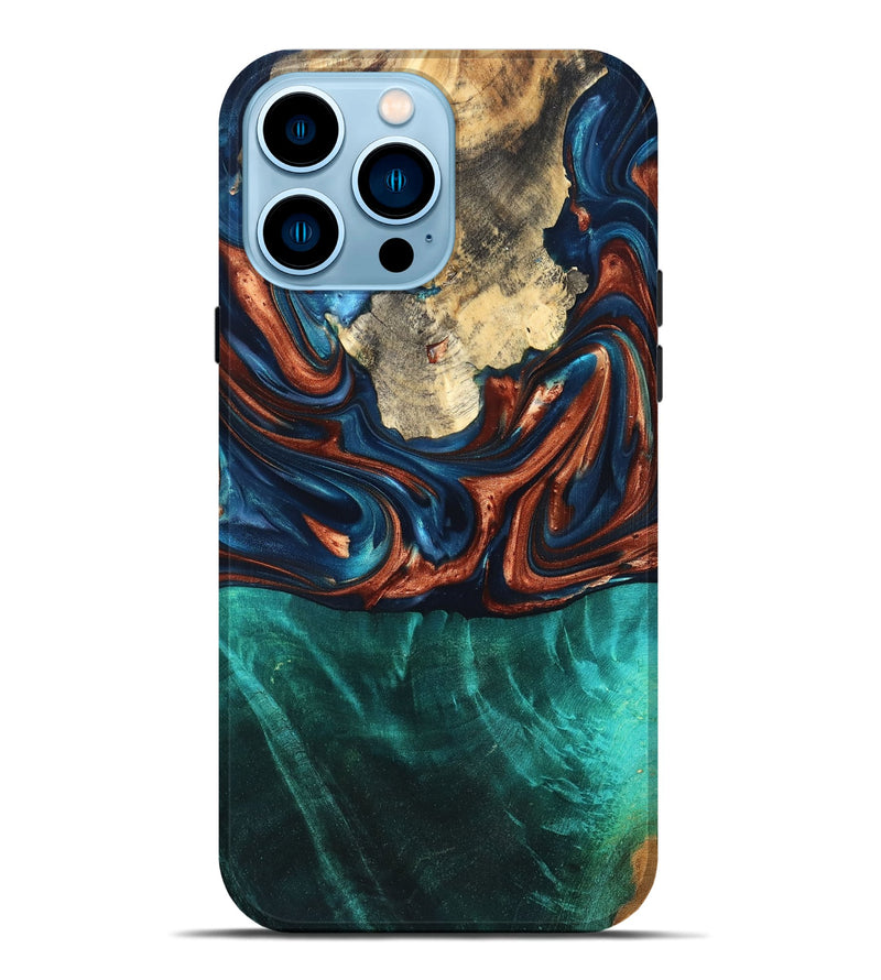 iPhone 14 Pro Max Wood Live Edge Phone Case - Marissa (Teal & Gold, 819239)