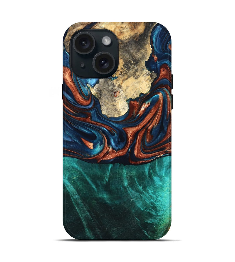 iPhone 15 Wood Live Edge Phone Case - Marissa (Teal & Gold, 819239)
