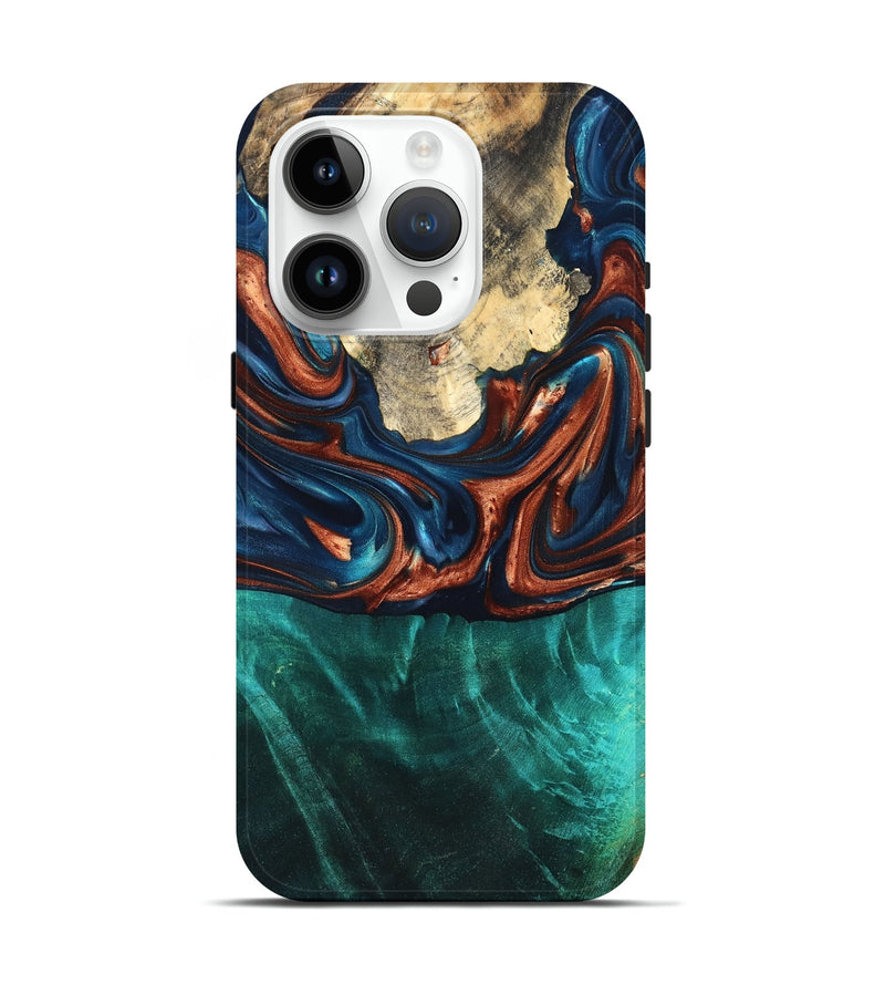 iPhone 15 Pro Wood Live Edge Phone Case - Marissa (Teal & Gold, 819239)