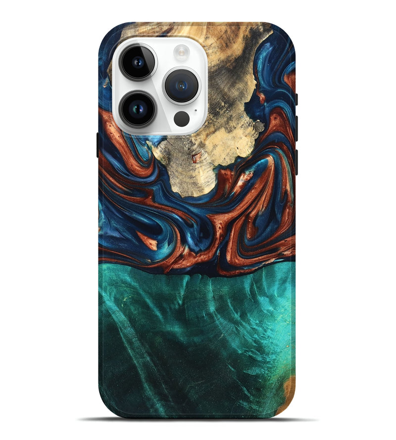 iPhone 15 Pro Max Wood Live Edge Phone Case - Marissa (Teal & Gold, 819239)