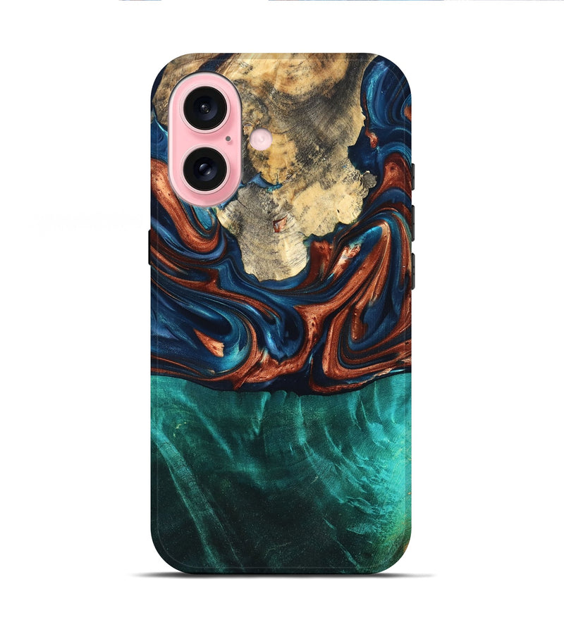 iPhone 16 Wood Live Edge Phone Case - Marissa (Teal & Gold, 819239)