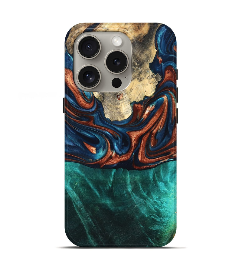 iPhone 16 Pro Wood Live Edge Phone Case - Marissa (Teal & Gold, 819239)