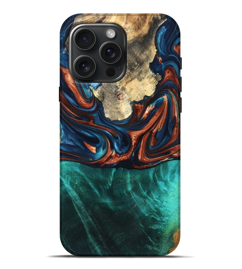 iPhone 16 Pro Max Wood Live Edge Phone Case - Marissa (Teal & Gold, 819239)
