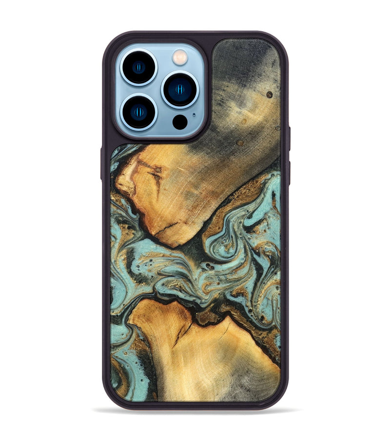 iPhone 14 Pro Max Wood Phone Case - Rollin (Teal & Gold, 819272)