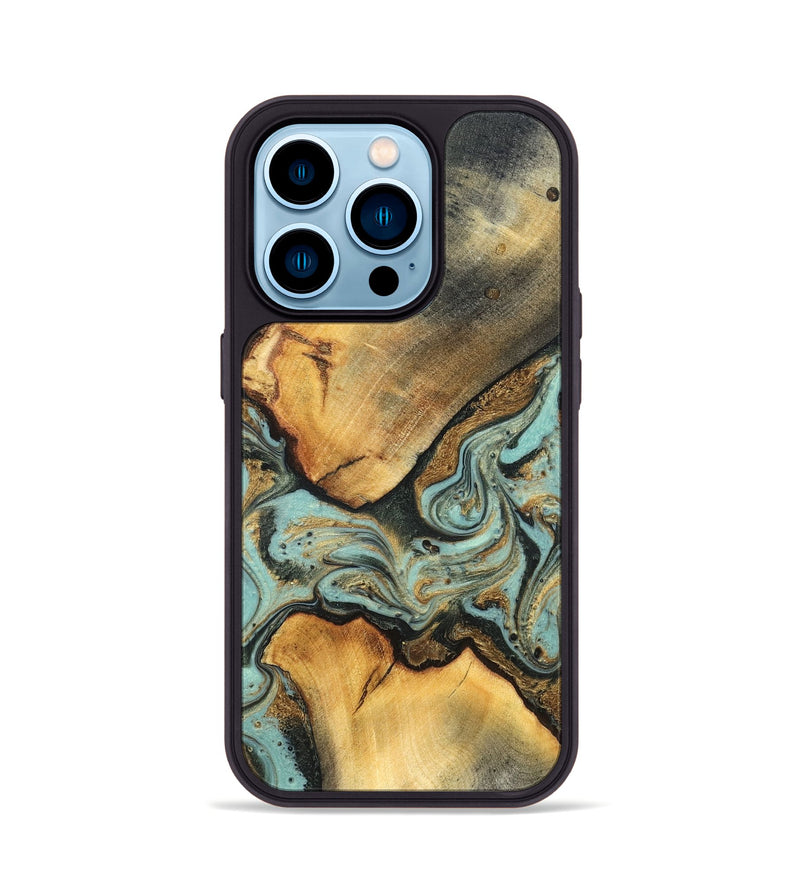iPhone 14 Pro Wood Phone Case - Rollin (Teal & Gold, 819272)