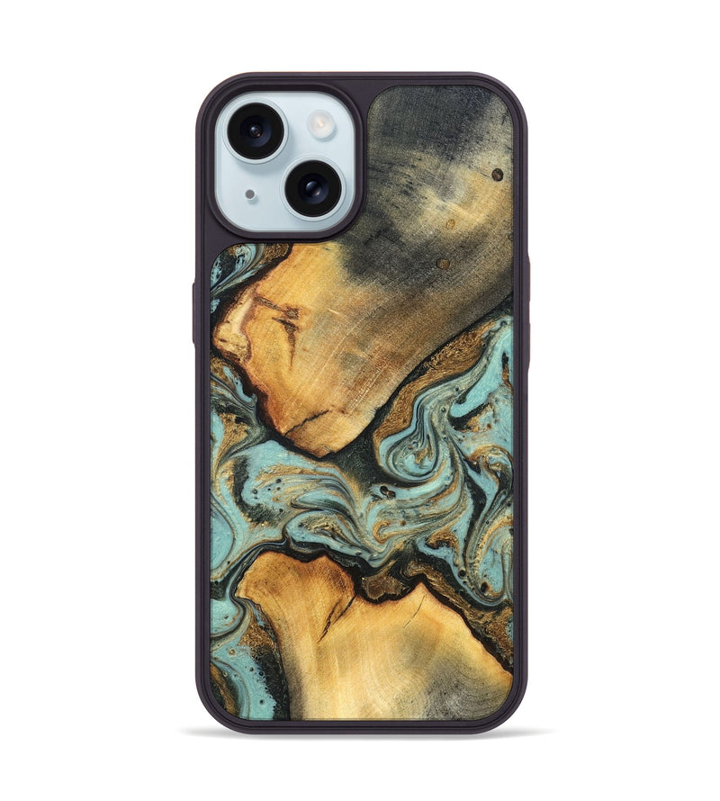 iPhone 15 Wood Phone Case - Rollin (Teal & Gold, 819272)