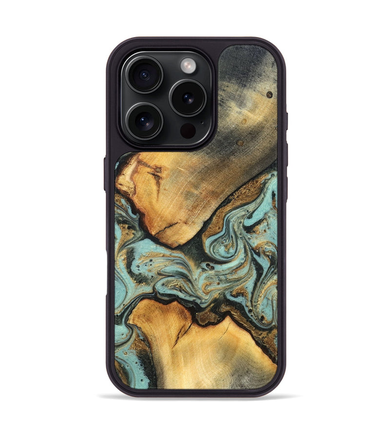 iPhone 16 Pro Wood Phone Case - Rollin (Teal & Gold, 819272)