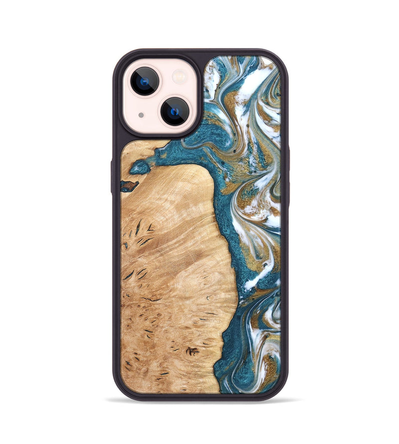iPhone 14 Wood Phone Case - Maegan (Teal & Gold, 819273)