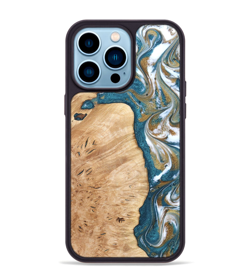 iPhone 14 Pro Max Wood Phone Case - Maegan (Teal & Gold, 819273)