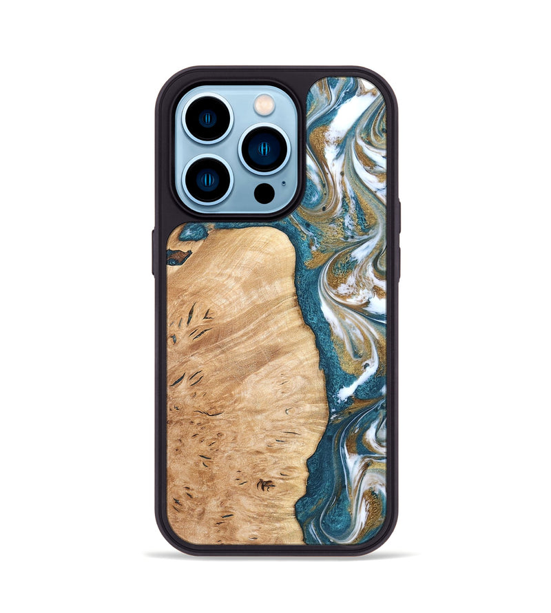 iPhone 14 Pro Wood Phone Case - Maegan (Teal & Gold, 819273)