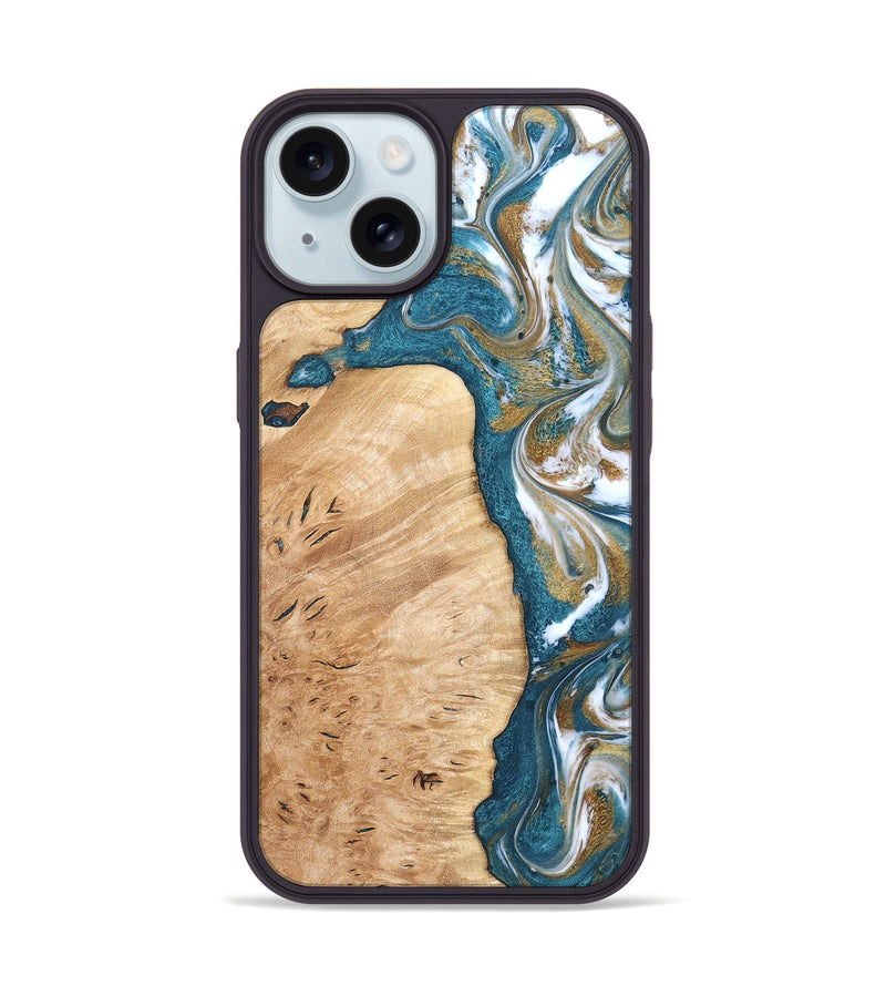 iPhone 15 Wood Phone Case - Maegan (Teal & Gold, 819273)