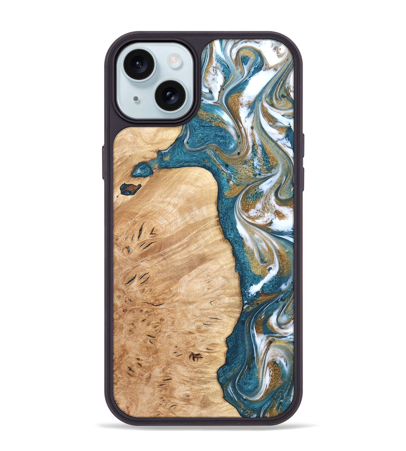 iPhone 15 Plus Wood Phone Case - Maegan (Teal & Gold, 819273)