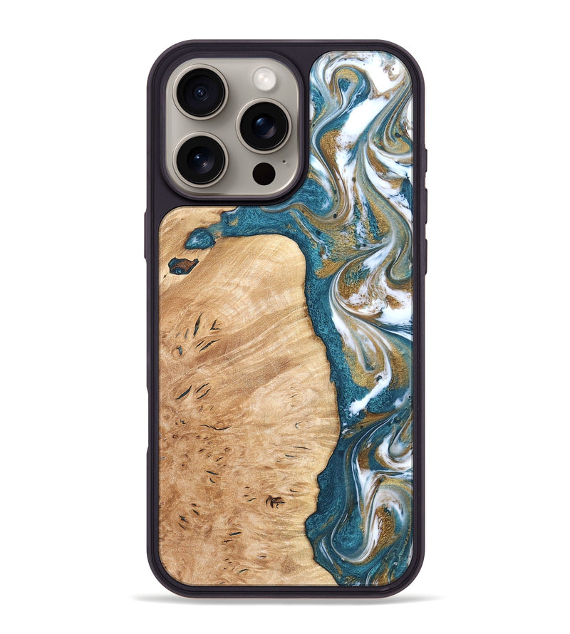 iPhone 16 Pro Max Wood Phone Case - Maegan (Teal & Gold, 819273)