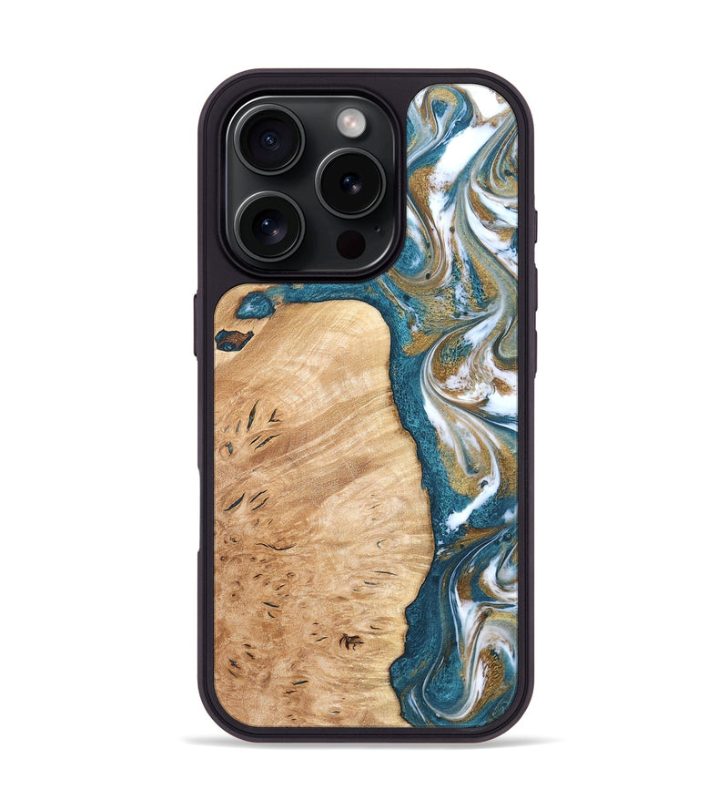 iPhone 16 Pro Wood Phone Case - Maegan (Teal & Gold, 819273)