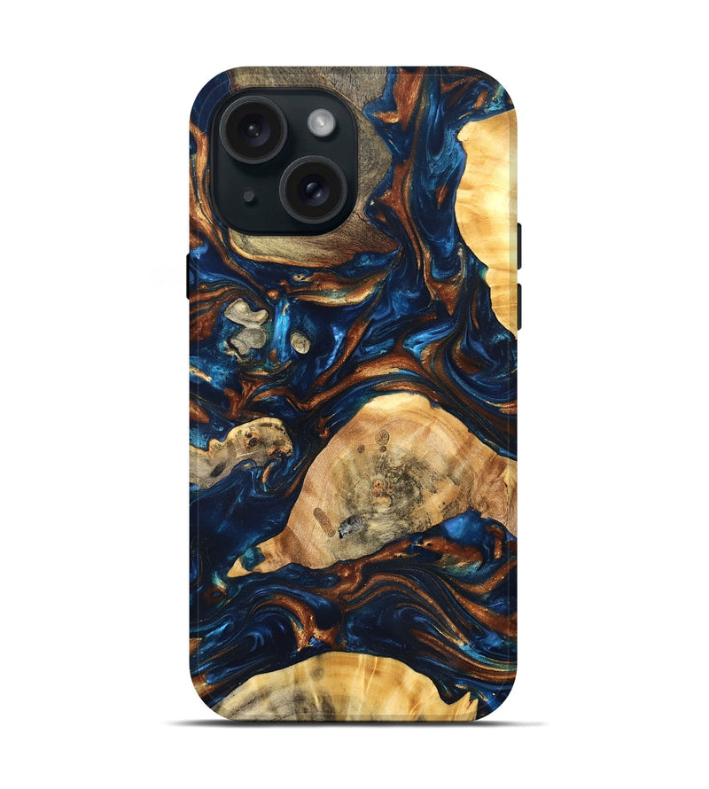 iPhone 15 Wood Live Edge Phone Case - Eiden (Teal & Gold, 819344)
