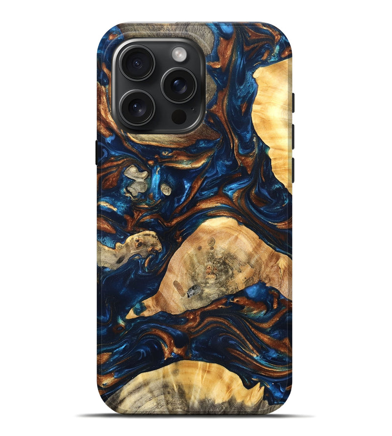 iPhone 16 Pro Max Wood Live Edge Phone Case - Eiden (Teal & Gold, 819344)