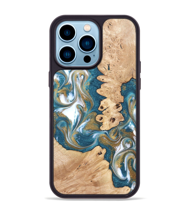 iPhone 14 Pro Max Wood Phone Case - Kirsten (Teal & Gold, 819354)
