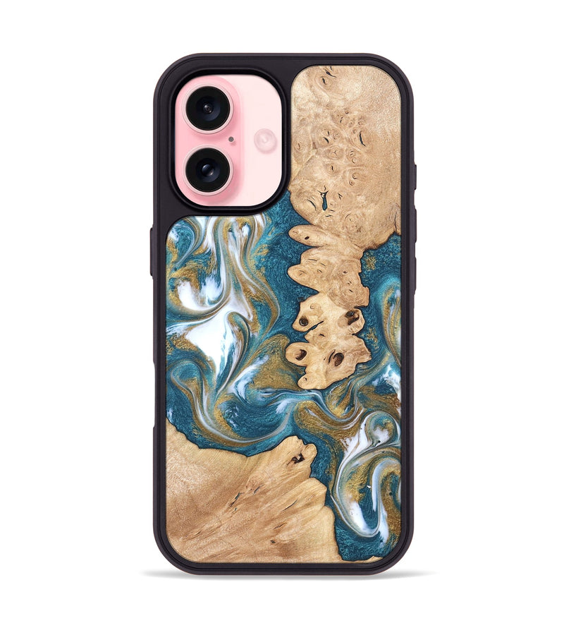 iPhone 16 Wood Phone Case - Kirsten (Teal & Gold, 819354)