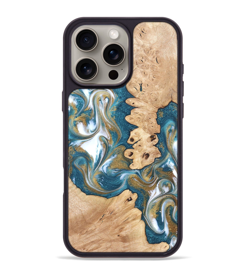 iPhone 16 Pro Max Wood Phone Case - Kirsten (Teal & Gold, 819354)