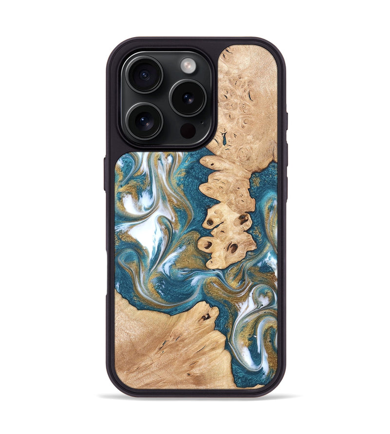 iPhone 16 Pro Wood Phone Case - Kirsten (Teal & Gold, 819354)