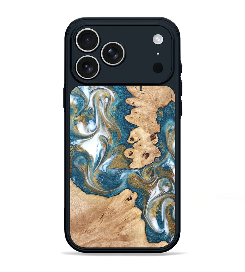 iPhone 17 Pro Max Wood Phone Case - Kirsten (Teal & Gold, 819354)