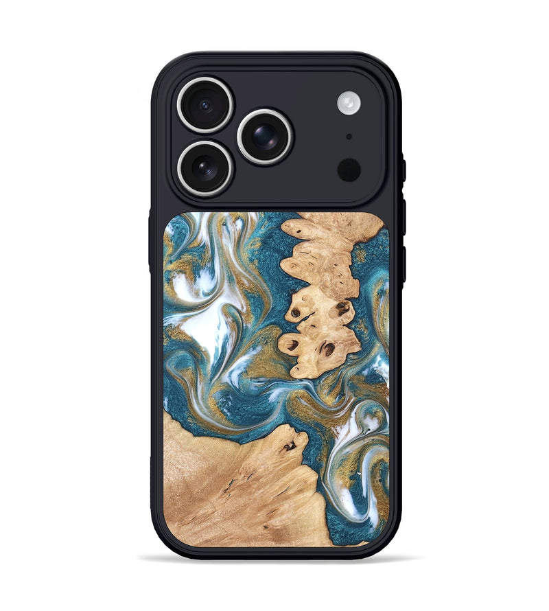 iPhone 17 Pro Wood Phone Case - Kirsten (Teal & Gold, 819354)